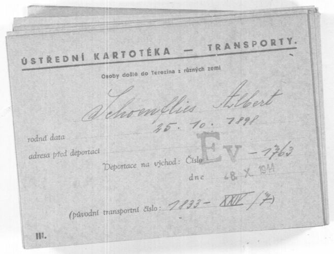 Transportkarte zur Deportation von Albert Schönflies von Theresienstadt ins KZ Auschwitz.