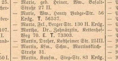 Eintrag für Martha Bauer, Zahnärztin, Kettenhofweg 70, im Frankfurter Telefonbuch von 1933.