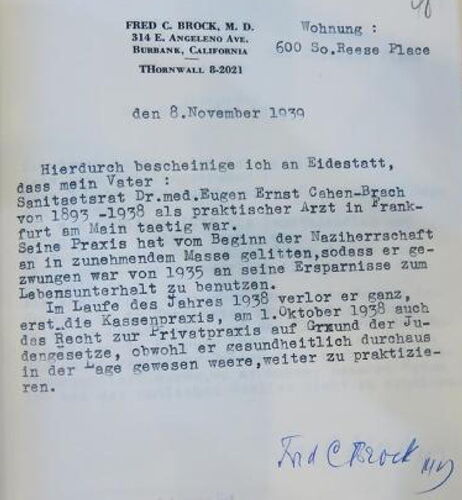 Fred Brocks Eidesstattliche Erklärung 1959 zur Verfolgung seines Vaters.