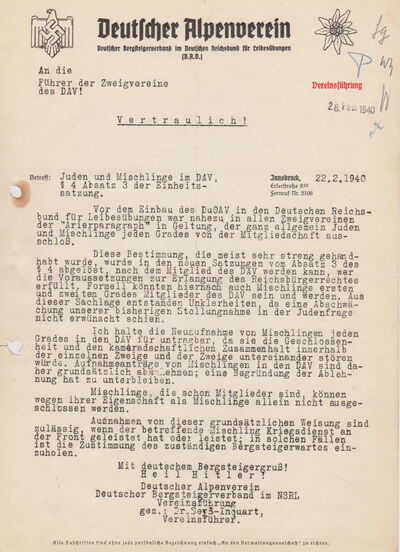 Das vertrauliche NS-Schreiben "Juden und Mischlinge" ging im Februar 1940 an alle Sektionsführungen