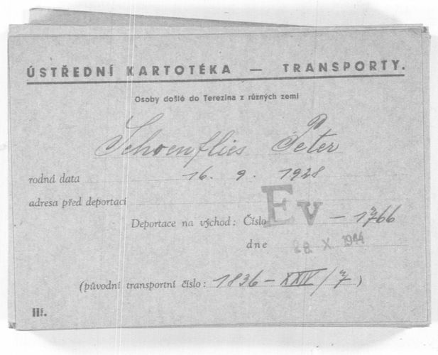 Transportkarte zur Deportation von Sohn Peter von Theresienstadt ins KZ Auschwitz.