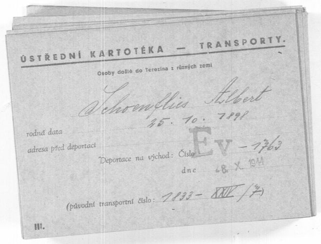 Transportkarte zur Deportation von Albert Schönflies von Theresienstadt ins KZ Auschwitz.