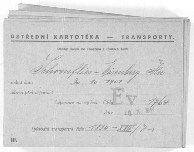Transportkarte über die Deportation von Ilse Schönflies von Theresienstadt ins KZ Auschwitz.