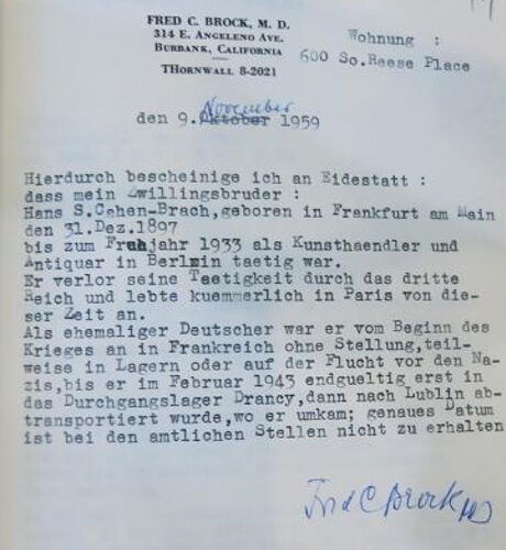 Fred Brocks Eidesstattliche Erklärung 1959 zur Verfolgung seines Bruders Hans