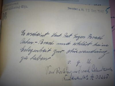 1941 erklärt Eugen Cahen-Brach dem Finanzamt Frankfurt, dass er nicht emigrieren kann.